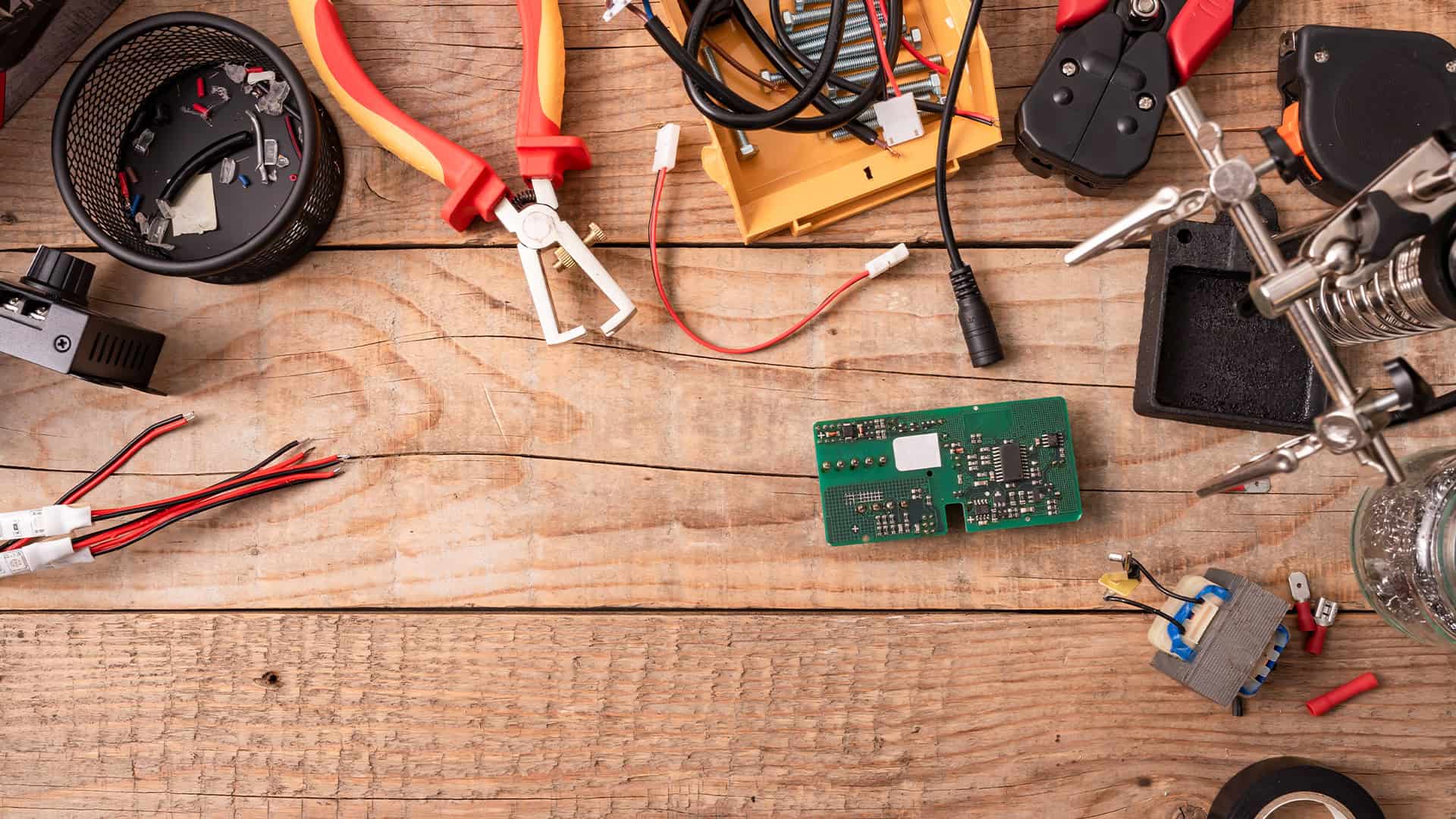Electronics Repair Tools Circuit Board On Wooden Desk