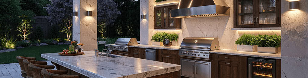 outdoor kitchen with two steel grills and bar seating